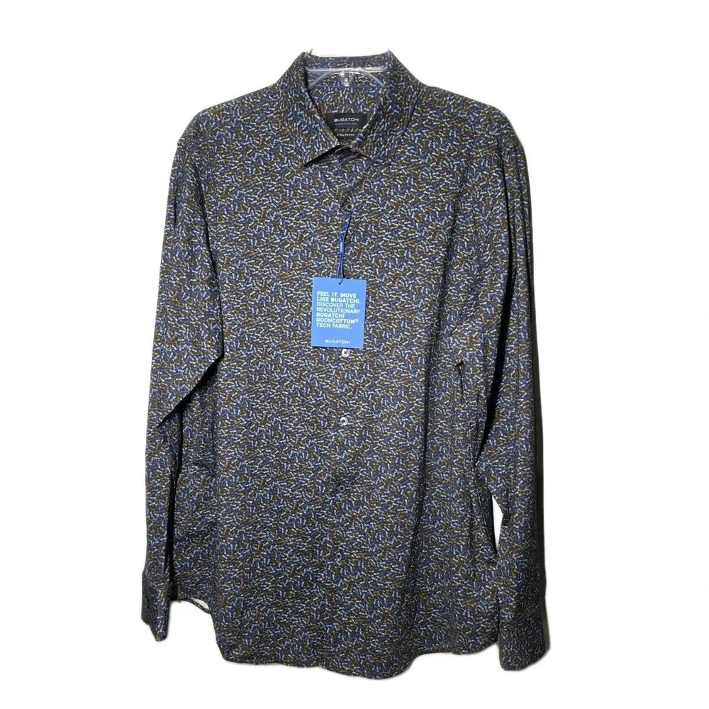NWT Bugatchi Shirt Mens Lg Ooohcotton Tech Multicolor Dragonfly Fit Button Front